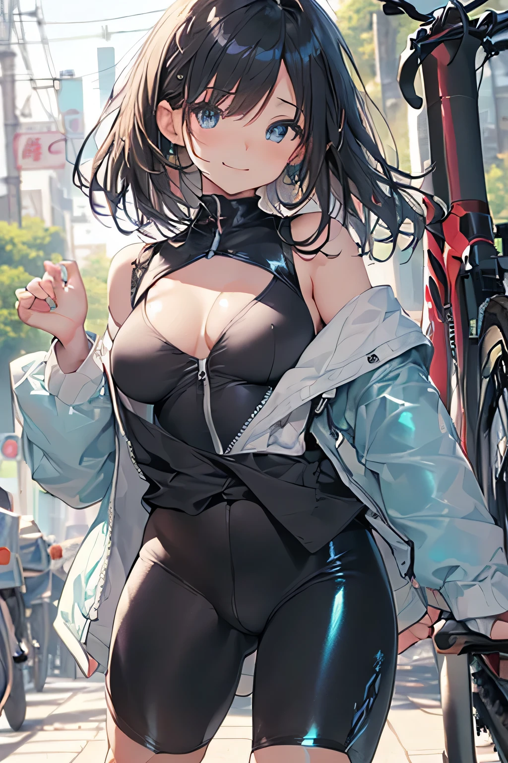 masterpiece, best quality,anime style, 1 girl,(((slender body))), (((small eyes,small breast))),(((Jacket, Open your clothes, Open jacket, Blue jacket, ground vehicle, Sports Bra, bicycle,buruma,glasses))),((((cum)))), (beautiful face), (((short twintail))), (((straight hair))), ((((black hair)))),detailed beautiful skin, (perfect hands, perfect anatomy)