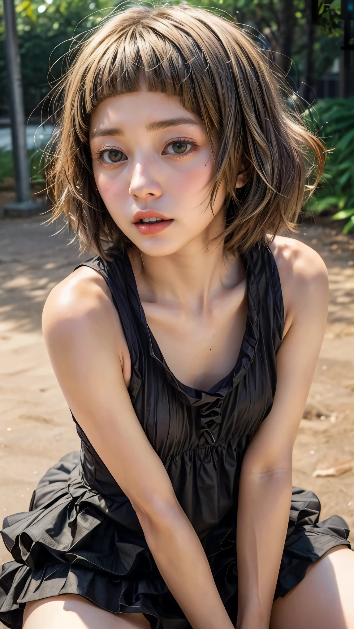 high resolution photograph of a Japanese girl, (realistic, photo-realistic:1.2), (masterpiece, best quality), 8K, RAW photo, extremely detailed, intricate details, sharp details, sharp focus, absurderes, professional lighting, solo, 1girl in sundress, lori, wariza, cowgirl, slouched, crouching down, spread legs, hands between legs, natural makeup, dark hair, short bob cut, patsun, small breasts, pale skin, detailed face, detailed eye, sophisticated nose, gravure photography, dynamic pose with movement, looking at viewers, photo background,