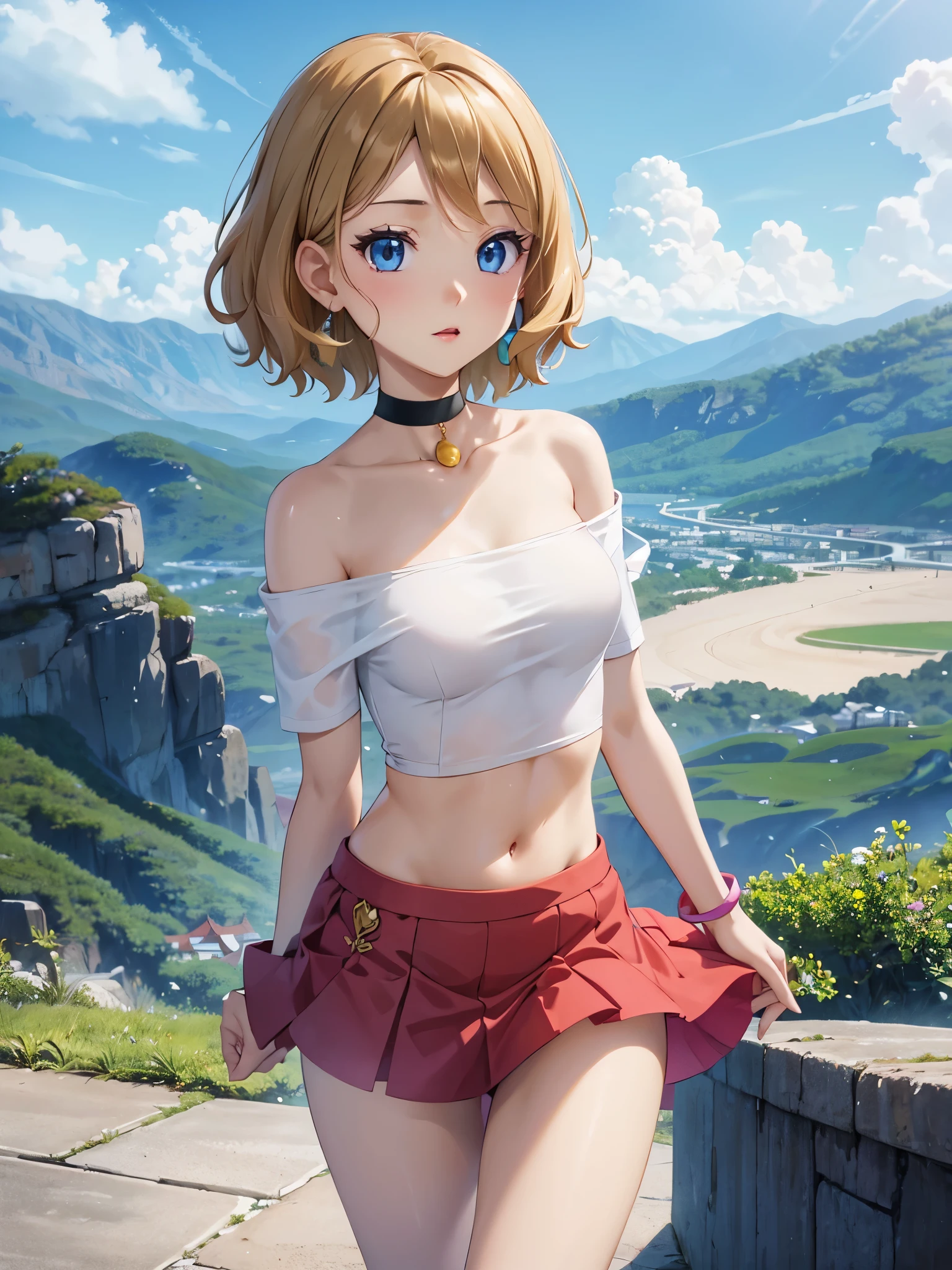 1woman, beautiful woman, photo of slim girl model, cute young woman, happy, small, (Young), good-looking, very short blouse, miniskirt, light brown hair, short hair, wavy hair, bare arms, large breasts, blue eyes, perfect anatomy, perfect hands, detailed eyes, navel, midriff, beautiful and detailed lips, woven bracelets, outdoors, japanese street, standing, standing on one leg, close up, long eyelashes, beautiful face, detailed eyelashes, detailed lips, lip gloss, anime style, naughty face, bare shoulders, plunging neckline, mountains, cloudy,