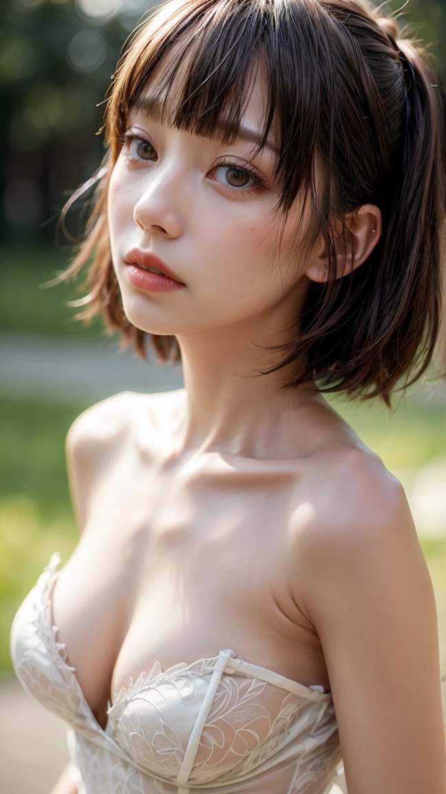 One girl, short_hair,Bob_cut,dull_前hair,green_Rose,hair_ornament,hair_flower nsfw,Bare nipples、Cute pointed nipples、、White panties、