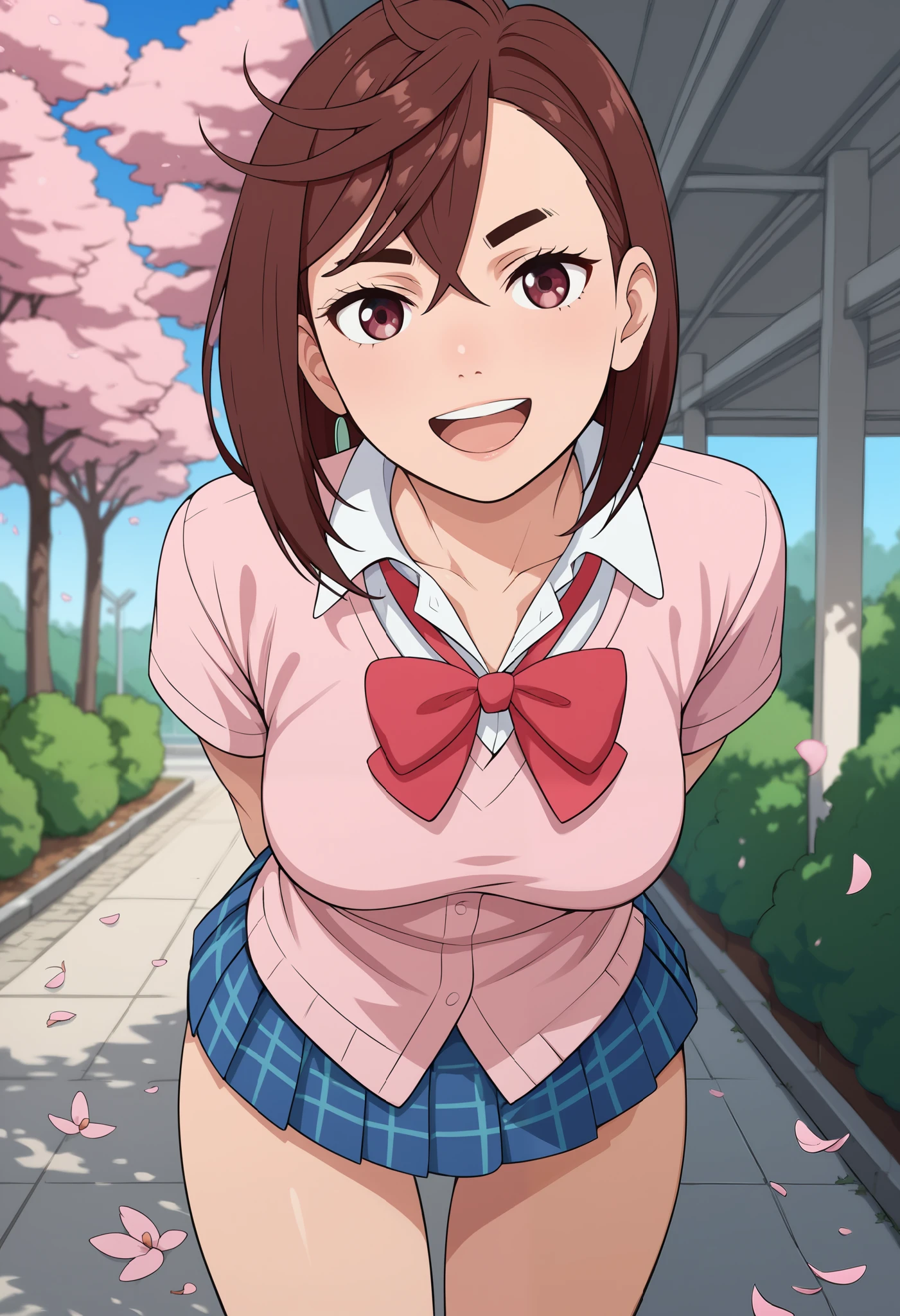 momo ayase, short hair, brown hair, brown eyes, bangs, thick eyebrows, medium breasts, breasts, collarbone, school uniform, collared shirt, white shirt, short sleeves, plaid skirt, open mouth, arms behind back, standing, leaning forward, cowboy shot, cherry blossoms, outdoors, smile, tight clothes