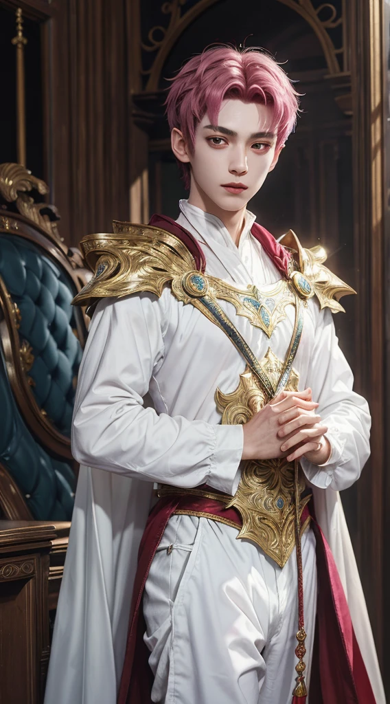 ( ridiculous results,  high resolution,  super detailed, HDR), masterpiece,  is the best quality, "Magic Knight Rayearth" A handsome boy in white clothes，Short hair，Wearing an exquisite headdress， fuchsia hair 