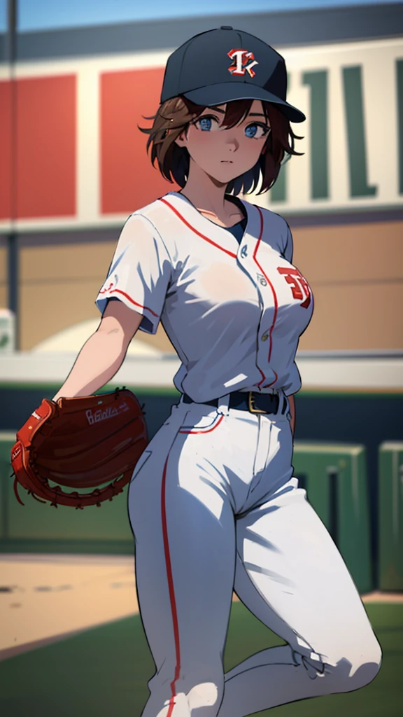 high quality,HD,16k,sharp lines,1 girl,Female baseball athlete ,cute face, large breasts, nice legs,At the baseball venue,focus girl,detailed beautiful face,detailed clothes,beautiful eyes,cool,dynamic angle