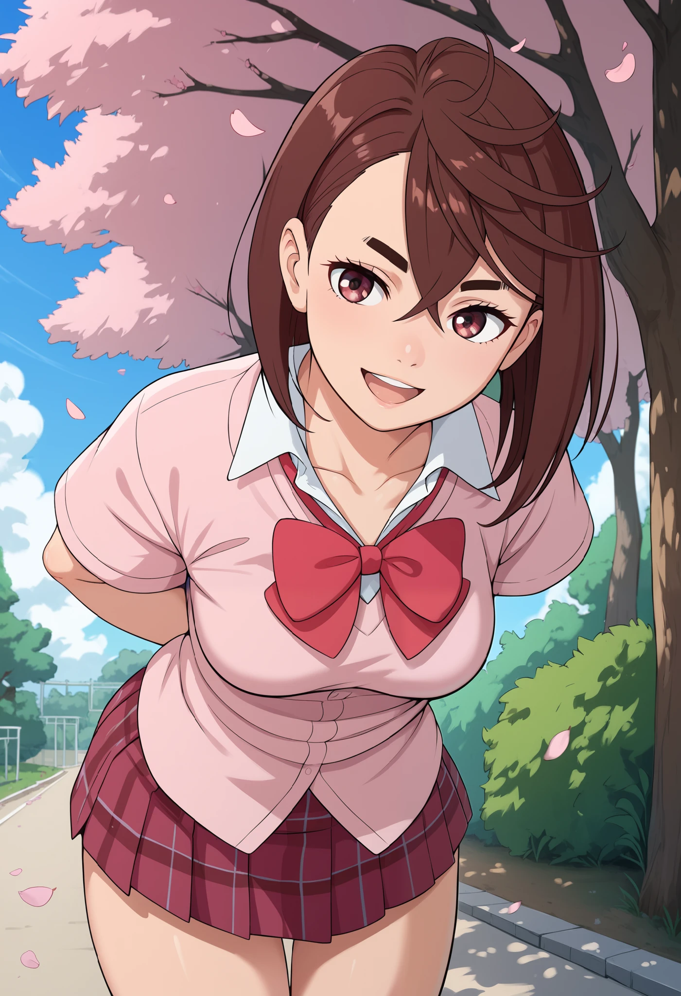 momo ayase, short hair, brown hair, brown eyes, bangs, thick eyebrows, medium breasts, breasts, collarbone, school uniform, collared shirt, white shirt, short sleeves, plaid skirt, open mouth, arms behind back, standing, leaning forward, cowboy shot, cherry blossoms, outdoors, smile, tight clothes