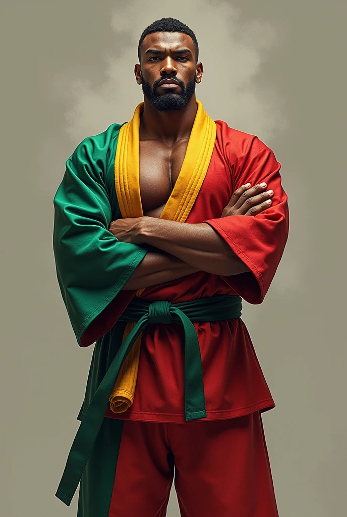 8k Indian man, tall and large, with a prominent nose, a beautiful face, blue eyes, a shaved head, wearing a yellow robe like a Buddhist monk, standing with a calm expression. The picture is sharp and realistic in every proportion.