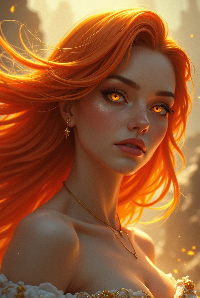 um desenho de uma mulher com cabelos ruivos e olhos brilhantes, her hair is made out of fire, cabelo de fogo, olhos de fogo, cabelos vermelhos brilhantes, olhos de brasa brilhantes, Deusa do fogo, her hair is on fire, deusa do fogo, cabelo laranja brilhante, aparece como a deusa do fogo, olhos vermelhos brilhantes e ardentes, cabelos flamejantes, cabelo feito de fogo, Deusa da Lava e do Fogo