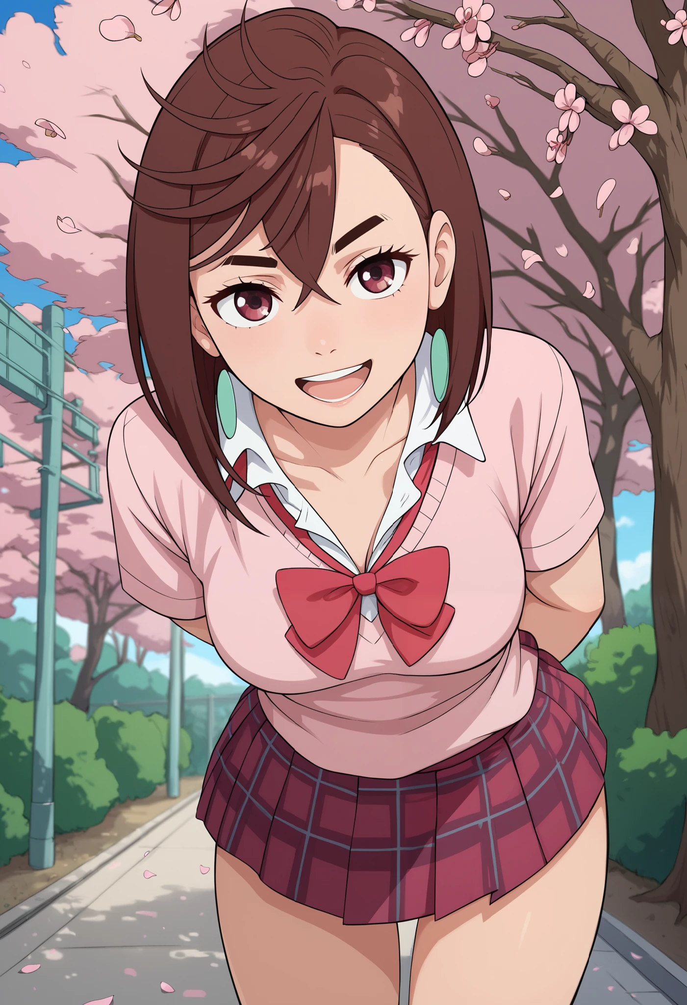 momo ayase, short hair, brown hair, brown eyes, bangs, thick eyebrows, medium breasts, breasts, collarbone, school uniform, collared shirt, white shirt, short sleeves, plaid skirt, open mouth, arms behind back, standing, leaning forward, cowboy shot, cherry blossoms, outdoors, smile, tight clothes