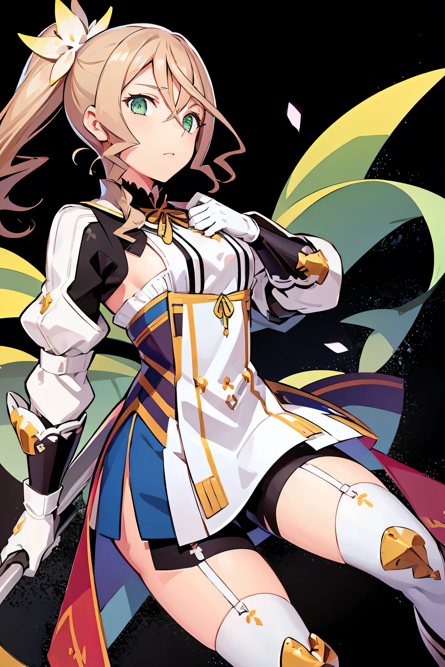 alisha diphda, blonde hair, dress, green eyes, side ponytail, hair between eyes, hair ornament, knee boots, greaves, thigh strap, white gloves,  gauntlets, long sleeves, lance in both hands 