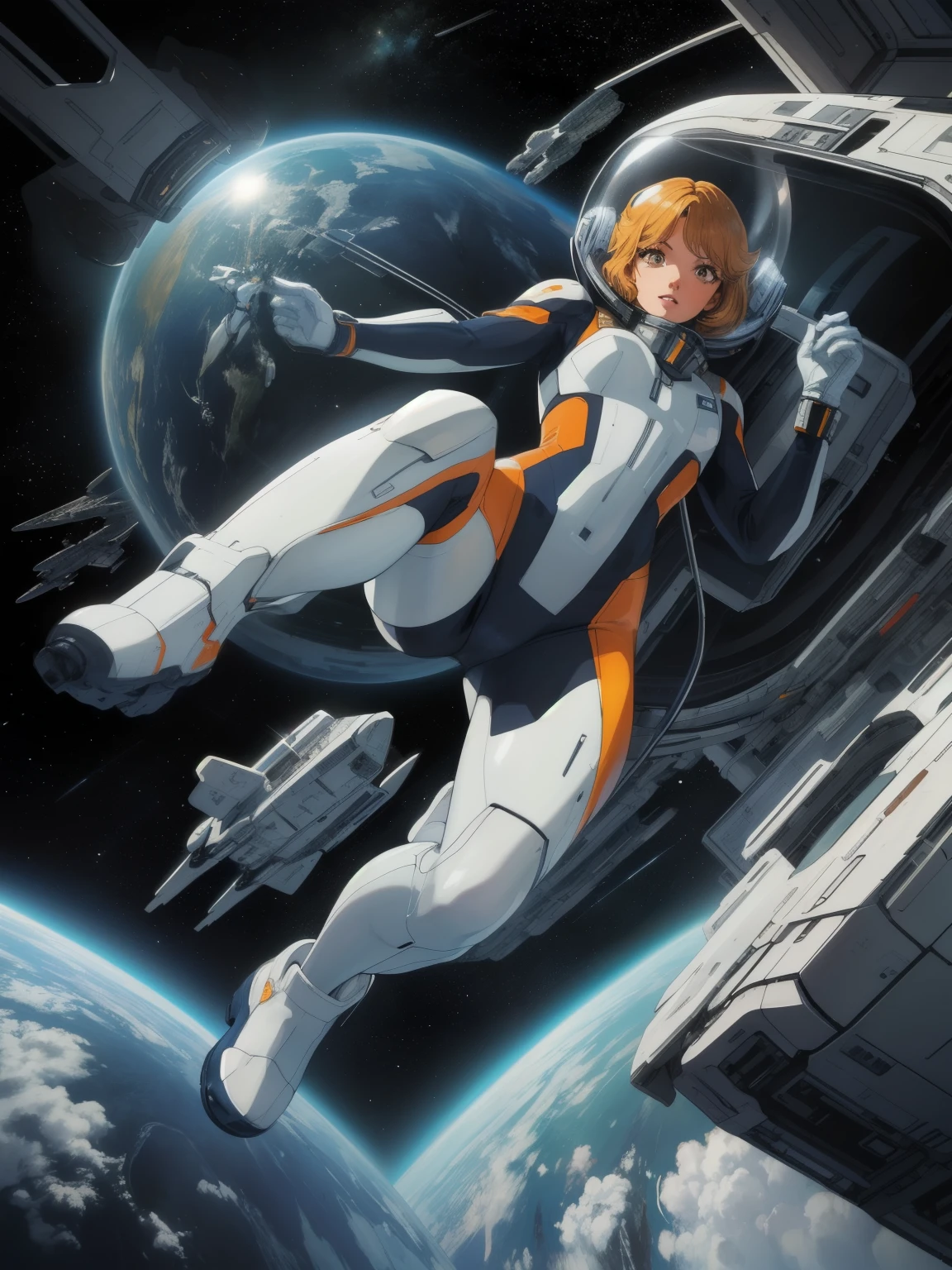 (masterpiece, top quality, best quality, official art, beautiful and aesthetic),1 girl in pilotsuit in a retro spacecraft,(full body),hovering in air,from below,helmet,gloves,boots,cutout bodysuit,spaceship in space,dark white,light azure,yellow,