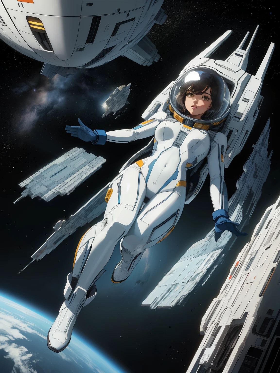 (masterpiece, top quality, best quality, official art, beautiful and aesthetic),1 girl in pilotsuit in a retro spacecraft,(full body),hovering in air,from below,helmet,gloves,boots,cutout bodysuit,spaceship in space,dark white,light azure,yellow,