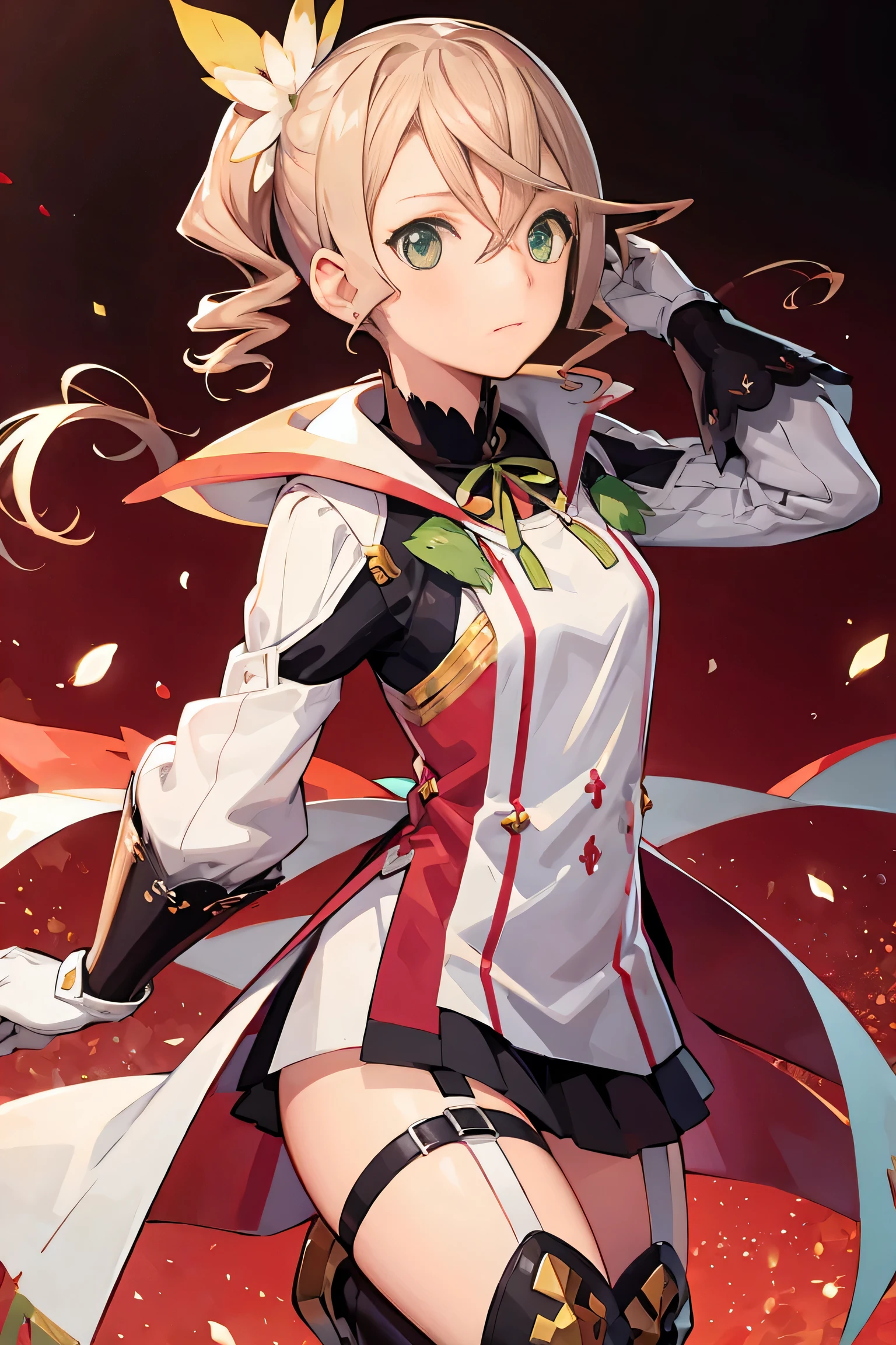 alisha diphda, blonde hair, dress, green eyes, side ponytail, hair between eyes, hair ornament, knee boots, greaves, thigh strap, white gloves,  gauntlets, long sleeves, lance in both hands 