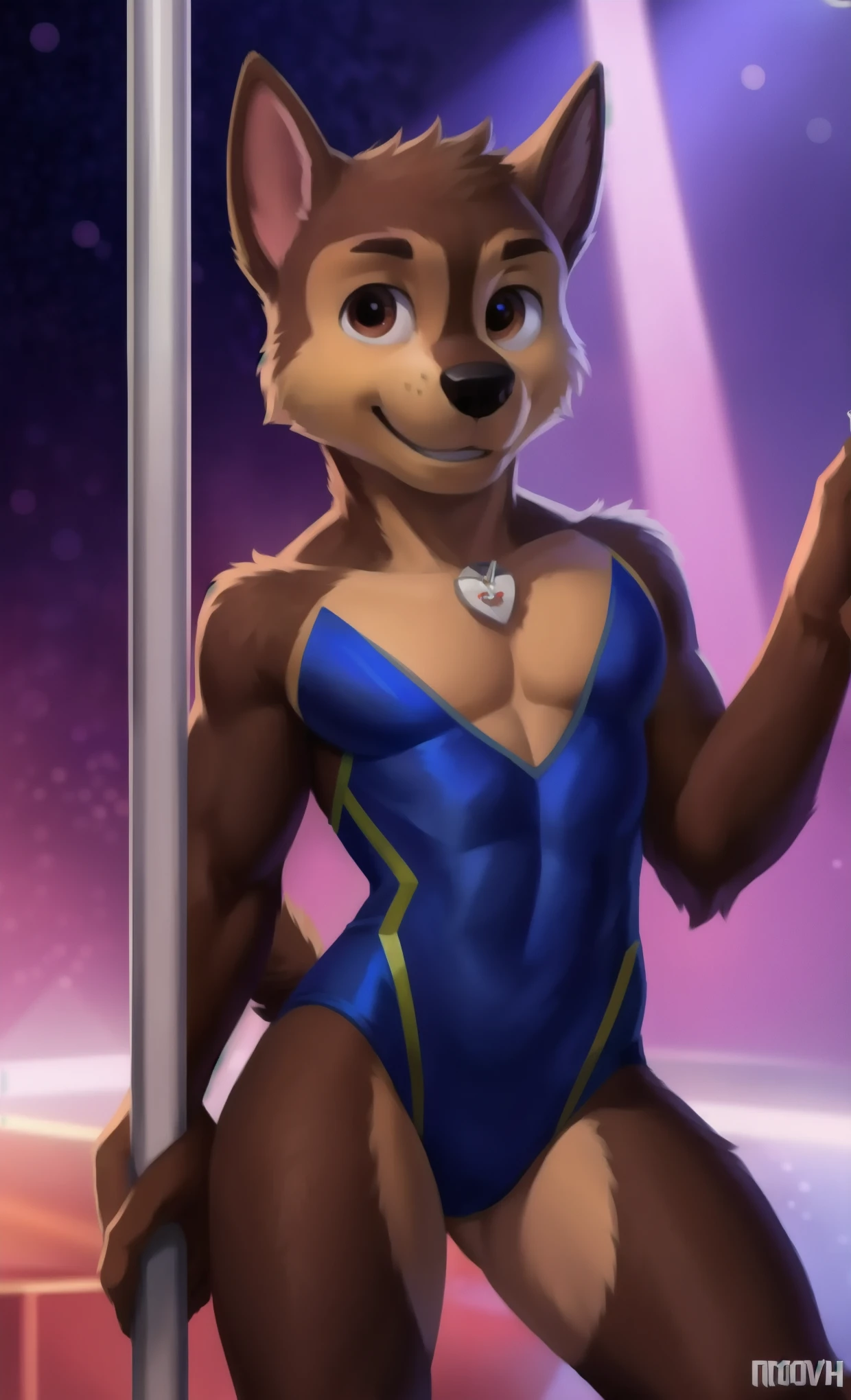 detailed fluffy fur texture, impasto impressionism, (by foxovh, ross tran, michael garmash, pino daeni, iskra), detailed eyes, highly detailed pupils, solo, furry, anthro, chase-pp, domestic dog, male, blue eyes, brown fur, light brown body, fur body, swimsuit blue, detailed fluffy fur texture, curvy, wide hips, inner fluff ears, from front, standing, night club background, day, 1boy, smile, sexy body, big ass, Pole dancing 