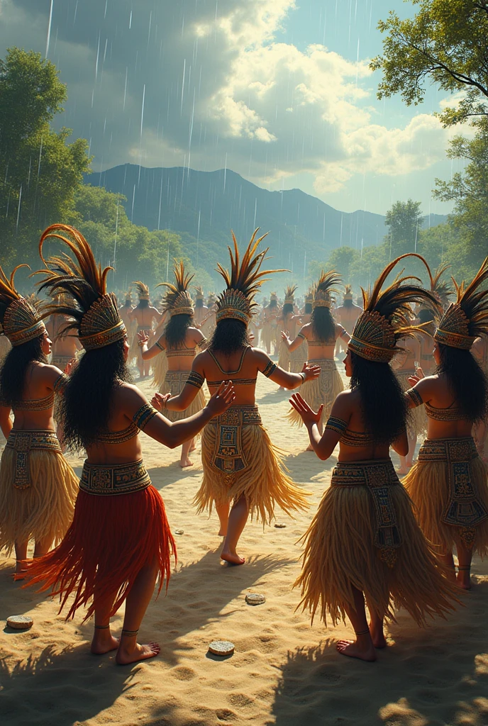 Make a realistic image where women and men from small communities in Peru are worshipping water.