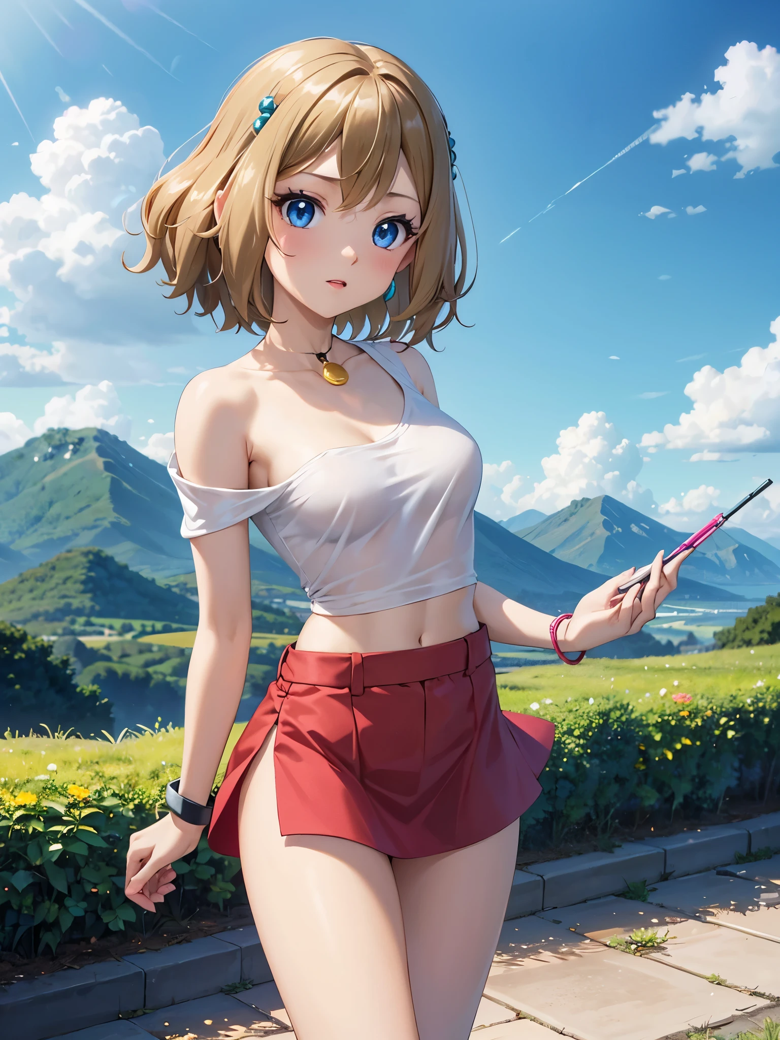 1woman, beautiful woman, photo of slim girl model, cute young woman, happy, small, (Young), good-looking, very short shirt, green miniskirt, light brown hair, short hair, wavy hair, bare arms, large breasts, blue eyes, perfect anatomy, perfect hands, detailed eyes, navel, midriff, beautiful and detailed lips, woven bracelets, outdoors, japanese street, standing, standing on one leg, close up, long eyelashes, beautiful face, detailed eyelashes, detailed lips, lip gloss, anime style, naughty face, bare shoulders, plunging neckline, mountains, cloudy, pokeball