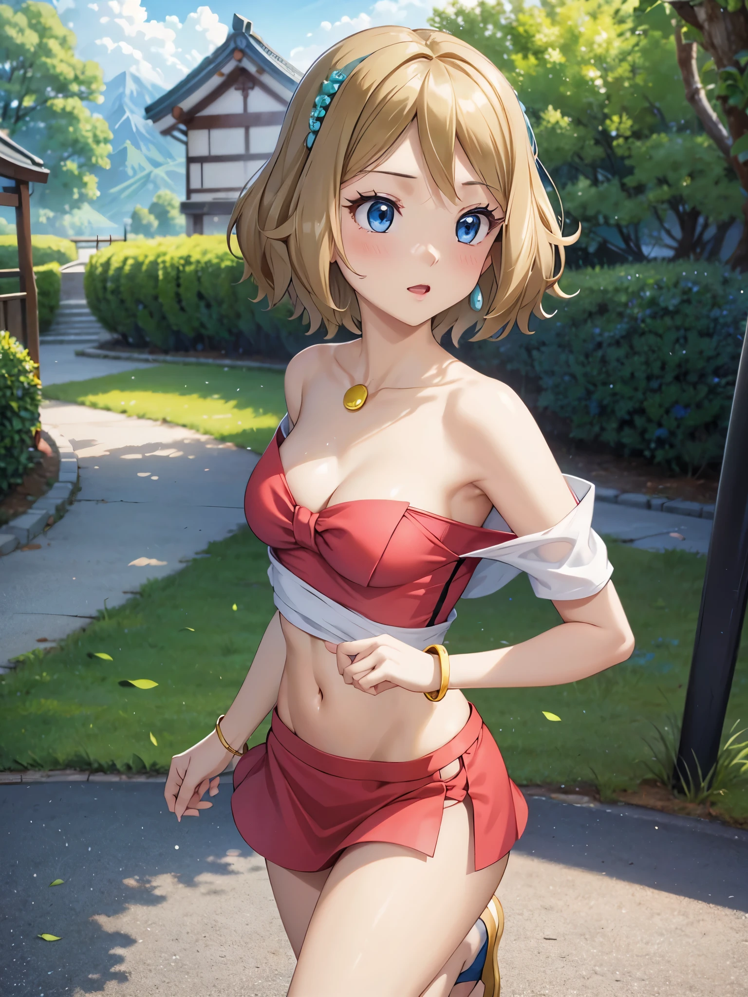 1woman, beautiful woman, photo of slim girl model, cute young woman, happy, small, (Young), good-looking, very short shirt, green miniskirt, light brown hair, short hair, wavy hair, bare arms, large breasts, blue eyes, perfect anatomy, perfect hands, detailed eyes, navel, midriff, beautiful and detailed lips, woven bracelets, outdoors, japanese street, standing, standing on one leg, close up, long eyelashes, beautiful face, detailed eyelashes, detailed lips, lip gloss, anime style, naughty face, bare shoulders, plunging neckline, mountains, cloudy, pokeball