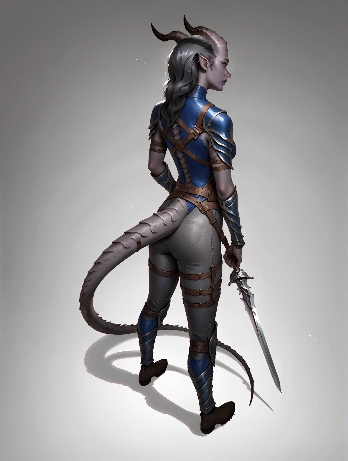  Big curved Cedar , (((1Thiefling with a thick long dragon tail))), (dark blue-grey skin body),  (30 years old) , (  small thick dark gray segmented straight horns   ,  girl ,  dark grey hair ,   small nose  , small lips, (( dark blue leather)), (easy ,   full-body grey leather armor ,  gray leather armor ), dark grey pants ), One,  full length, blue tones (( is half-turned ,   view from above  ,  looks from behind with its back with its back))   Epic digital fantasy art style  ,  very detailed work , (Fantasy 4k art), anime art,   fine art  .