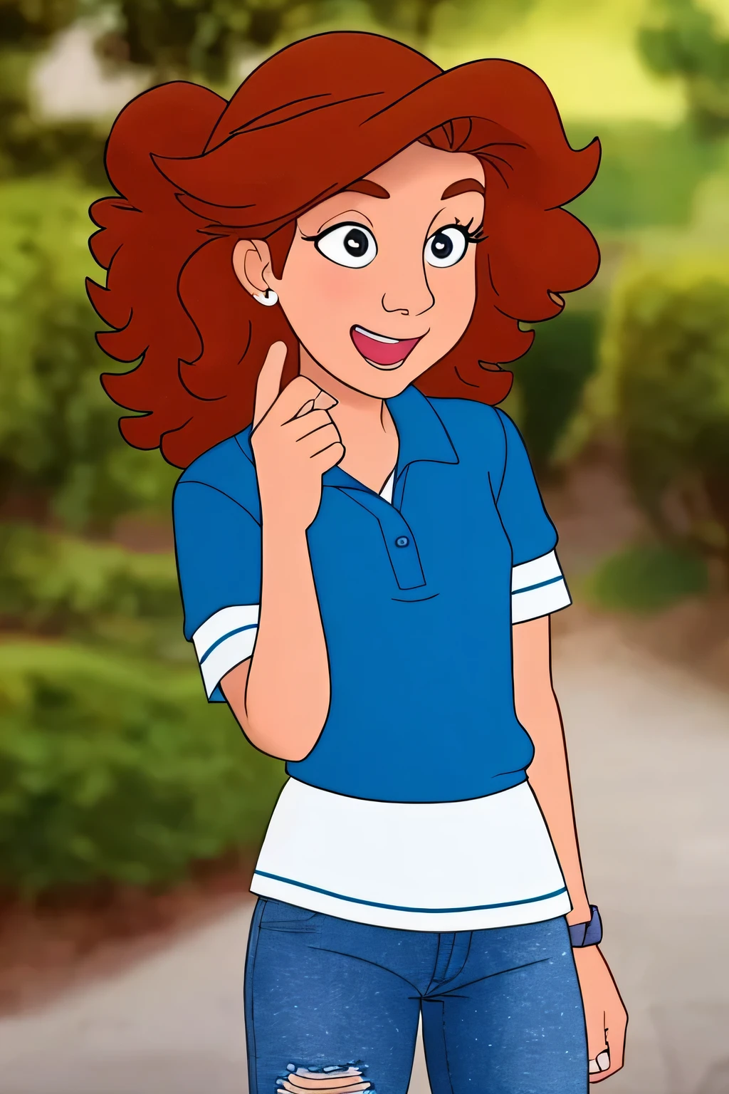 Disney 2D animation: a young American girl with curly hair, happy expression, wearing a blue polo shirt with red collar and white sleeves, blue jeans, white sneakers, theatrical pose, looking at the camera, beautiful, wide shot, full body, best quality: 4k, 8k, high resolution, masterpiece: sharp focus, physically based rendering, extreme detail description, professional, vivid colors, bokeh, portraits