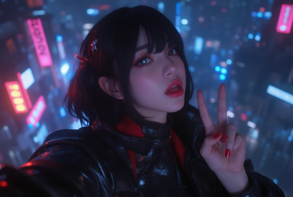 ( one girl )、( Plump Beauty )、( black hair )、(Age 30)、(  best image quality)、(8K quality)、( cyberpunk )、(masterpiece)、 (Flashing Light )、( cyberpunk な軍服を着る)、 cinematic light ,  Cinema Shadow ,  Clear Images , 非常に Details,  volume ,  Bright Sprites ,  particle effect , Beautiful Effects,  bright color, neon, neonライト,  High Definition Image Textures ,  Detailsな髪,  detail eyes,  city、 dark haired、Eyes Shining、( yellow aura emanating from clothes:1.5)、Above the knee photo、Hosono Ai ,  gloves, tongue sticking out, tongue,  long hair, star (symbol),  watch viewer , ( purple hair: 1.2),  purple eyes,  upper body,  hair ornament , Raffle, pink  shirt, smile,  sleeveless,  shirt, Idol, symbol shaped pupil, 両 raise your hand, bangs,  One side up, star-shaped pupils, Raised arms, Dress snagging,  rolling twenties ,  isometric, the above, whole body,  Rembrandt, Illustration,  Details,  depth of field,  viewer,   peace sign,  raise your hand, tongue out,  top quality,  high definition .