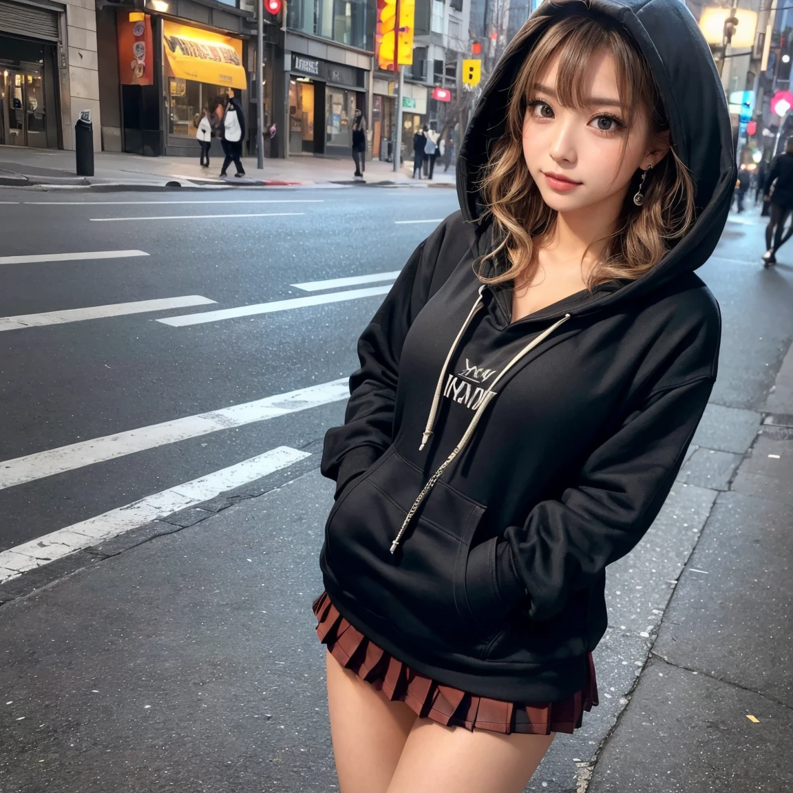 One beautiful girl, Very beautiful detailed face, Laugh shyly, Small breasts, Deep valley:0.8), (Oversized full zip hoodie:1.3), (Grey tartan check pleated skirt), (Knee-high boots), (garter belt), (break), (Lift the hem of your skirt yourself:1.3), (Lift up your skirt yourself:1.3), (Lace panties, Showing panties:1.3), Hime cut hair, (Beautiful Face:1.2), high quality, Realistic, Very detailed CG 統合 8k 壁紙, Very detailed, High resolution raw color photos, Professional photography, Realistic portrait, Cinematic Light, Beautiful details, Super Detail, Attention to detail, (((Bokeh))), Depth of written boundary, illumination, Neon Street, Super stylish lighting, Halloween night, Pumpkin lantern