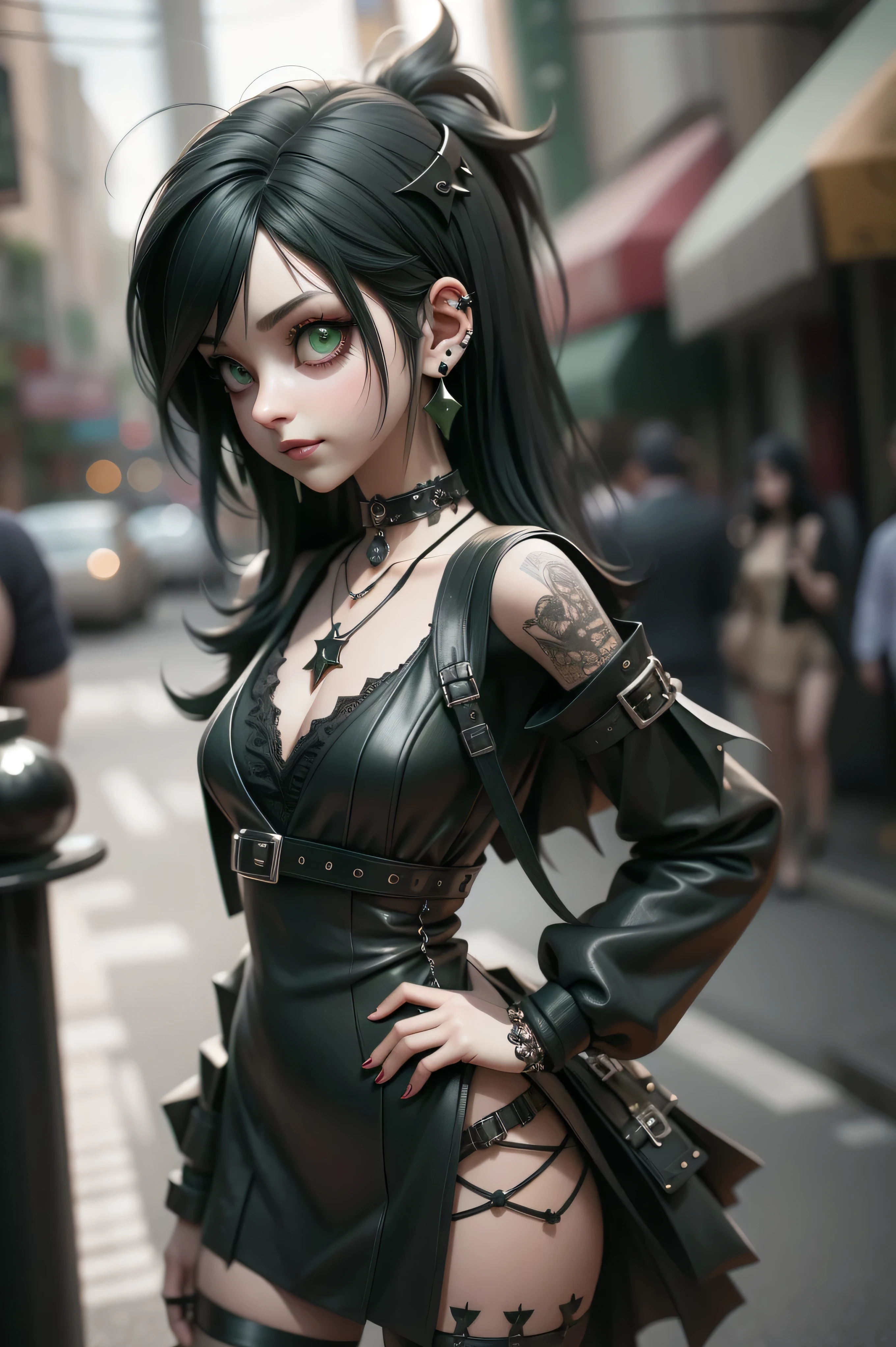 Dark Black skin, female, black hair with a green stripe, black lipstick, freckles, happy, rockstar, her bridal motif changes to a rocker one, and she has a black sleeveless dress with a green ruffled underskirt and black shorts, and a black and green leather jacket and thigh high boots. She has sblack spikes on her boots, and a black spiked collar, wrist cuffs, and headband, with black spikes down the center of her dress. She also has black biker gloves and a clover zipper pull on her jacket. Anime, fantasy