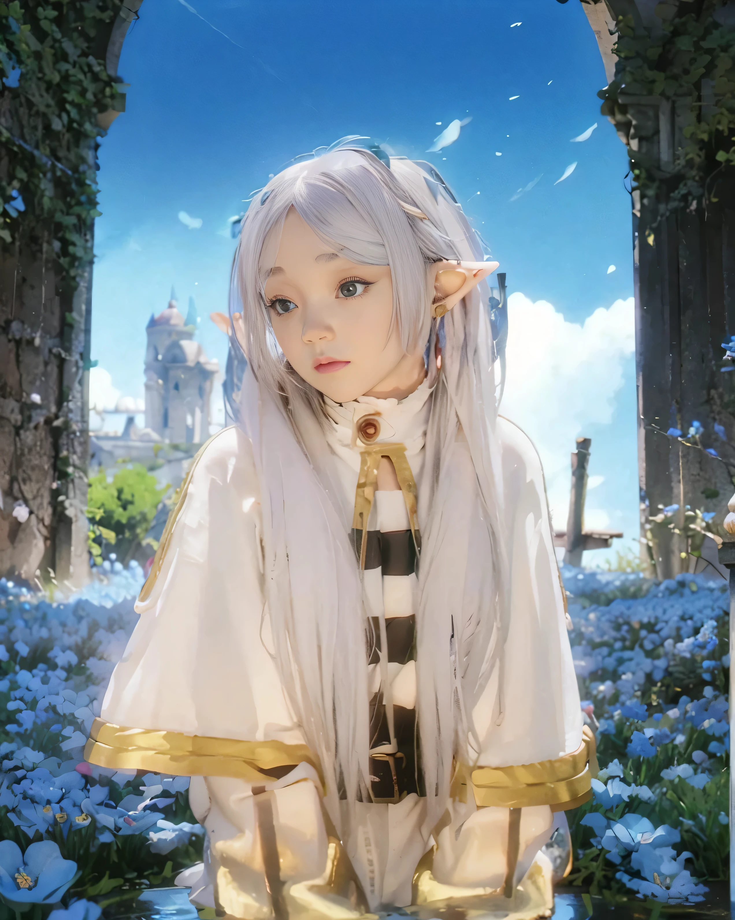((freiren_Frieren: Beyond Journey's End)),((realistic, photorealistic)),(highlight hair)), Light reflection, (( HD )),((upper body)), (((best quality, masterpiece))), (masterpiece) (best quality) (detail) (8k) (HDR) (wallpaper) (cinematic lighting) (sharp focuasterpiece, best quality: 1.1), 1girl, solo, white hair, fairy ears, red earrings, puddle, blue sky, blue cloud background, flying flowers, glow effect, squatting state,Blue flowers floating in a puddle , blinks,blue flowers,Blue flower beds, gates,Elf ears,