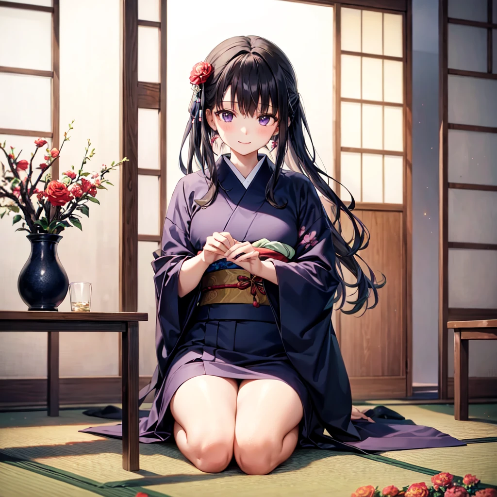 Showing panties、Zashiki Warashi、Japanese style、Shoji Screen、tatami、Haunted house、darkness、Late Night、kimono、Bob、girl、girl、young、Baby Face、Flat Chest、Long black hair、Dynamic Angle、A faint smile、Squint your eyes、ball、Flower Hair Ornaments、Clogs or bare feet
