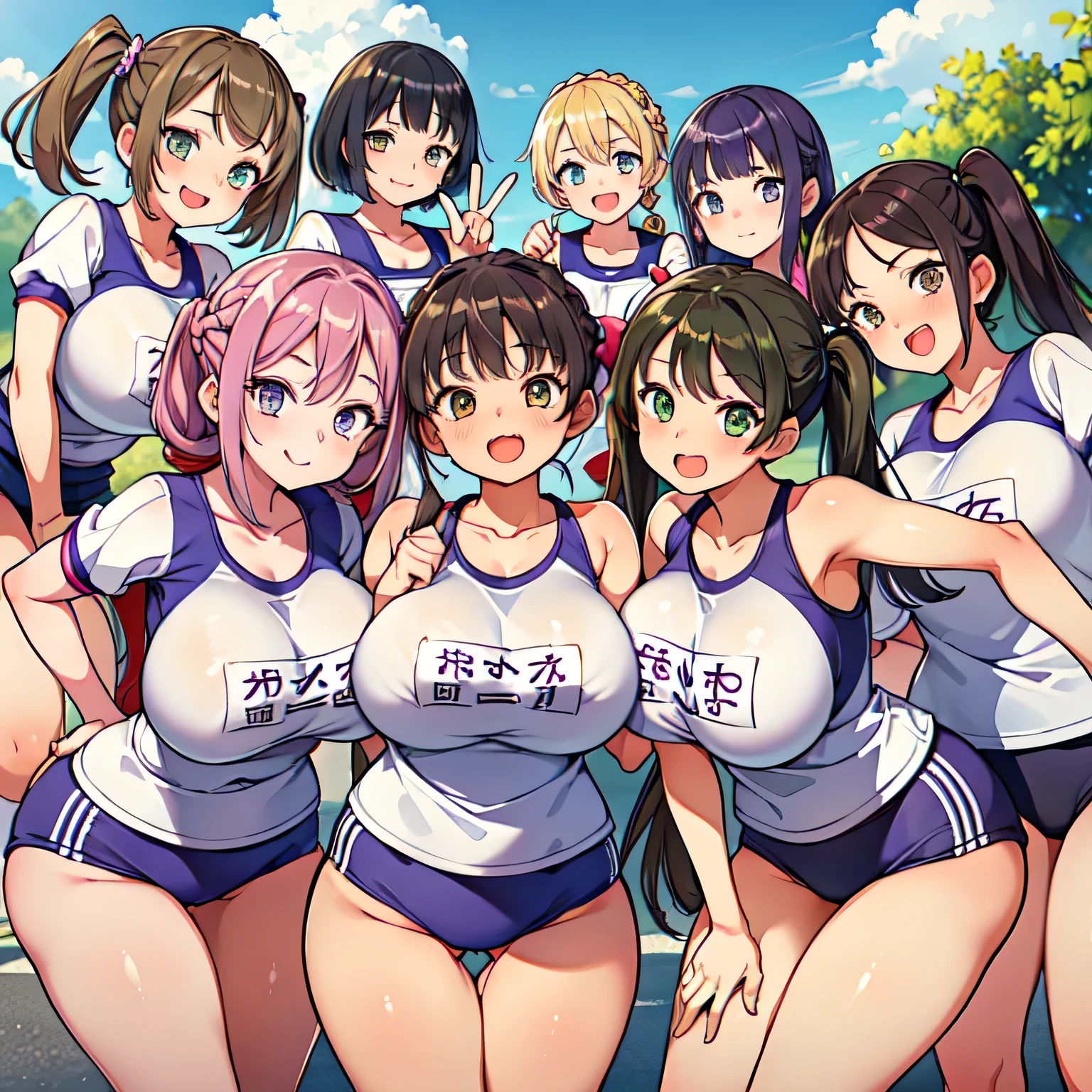 (masterpiece), maximum quality, Colorful, (5 girls, group shot:1.4), (slim body:1.1), (huge tits:1.5), Twin tails, braid, (leaning forward:1.4), (Open  mouth, happy smile:1.1), (wink:1.2), peace sign, (buruma , gym uniform:1.1), 