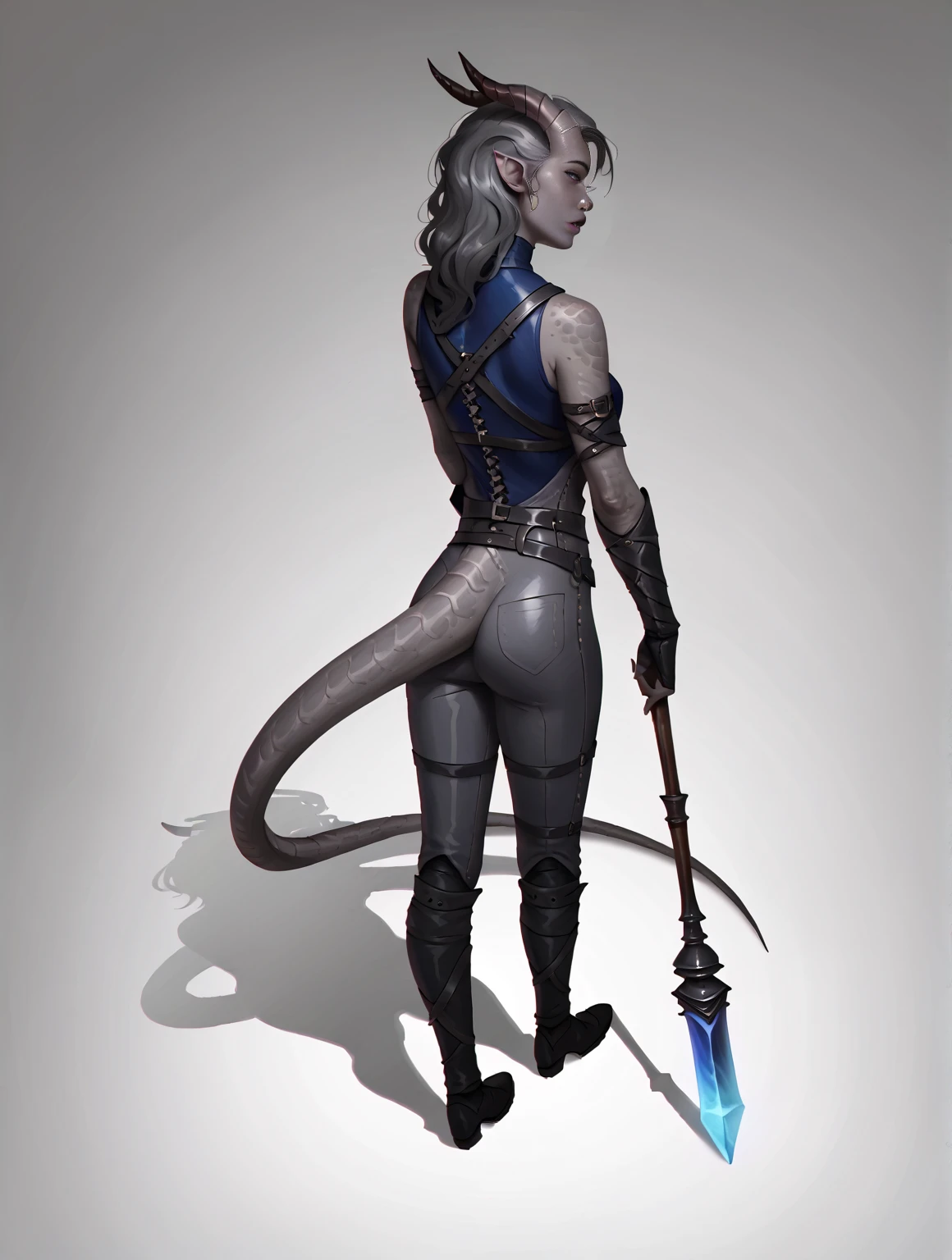  Big curved Cedar , (((1Thiefling with a thick long dragon tail))), (dark blue-grey skin body),  (30 years old) , (  small thick dark gray segmented straight horns   ,  girl ,  dark grey hair ,   small nose  , small lips, (( dark blue leather)), (easy ,   full-body grey leather armor ,  gray leather armor ), dark grey pants ), One,  full length, blue tones (( is half-turned , (( view from above )) ,  looks from behind with its back with its back))  wooden staff and book in hand .  Epic digital fantasy art style  ,  very detailed work , (Fantasy 4k art), anime art,   fine art  .