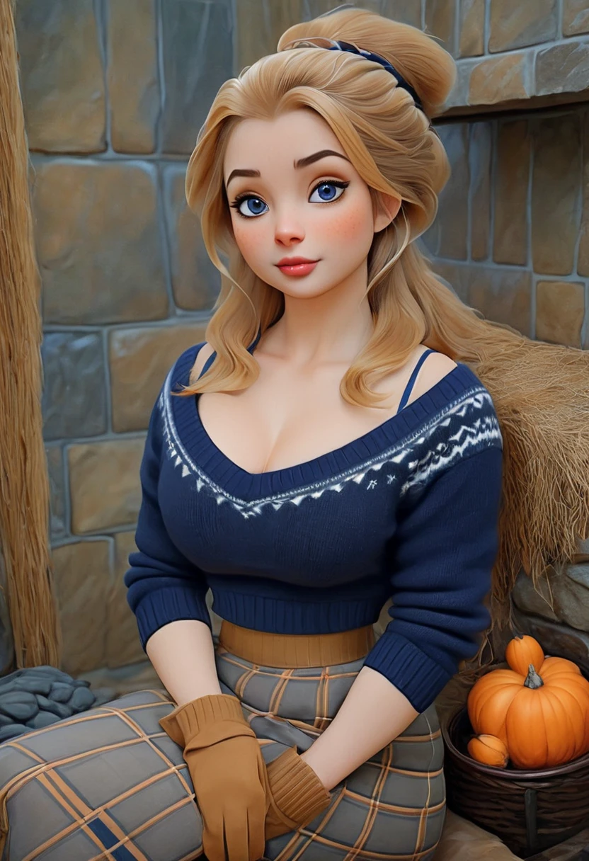 An anthropomorphic female bear. A Nubile, Sultry And Alluring,Stting In Front Of A Stone Fireplace Wearing A Tight Cozy Navy Blue Knitted Sweater. B-Cup. cleavage. cute pose. A Cute Skirt With Leggings The Scene Is Cosy And Hygge. Snowing Outside. The Medium Used To Depict This Artwork Is Oil Painting, Ensuring A High-Quality And Detailed Result. The Painting Style Is Realistic And Photorealistic, With Vivid Colors And Sharp Focus. The Overall Lighting Is Well-Balanced, Illuminating  photorealistic, photography, path tracing.
