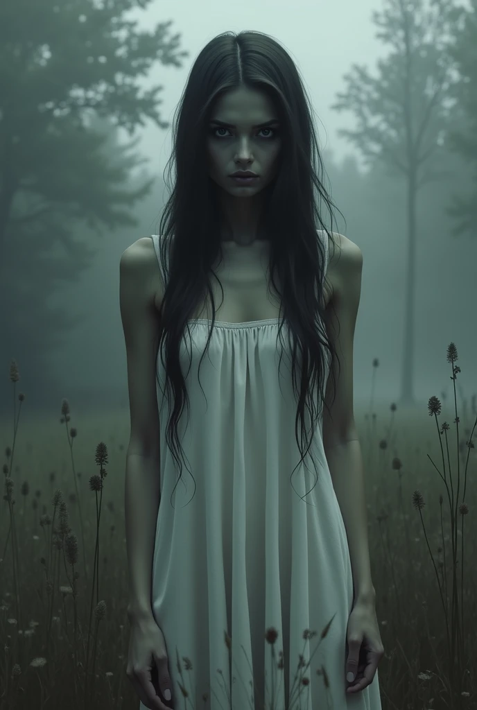 Depressed girl、Long black hair、Small Nose、Skinny body、Glowing white eyes、Thin lips、Dirty white dress、Upper Body、Close-up、Real、Aerial1Stationary in meters、Thick Fog、Night Park、Black rain