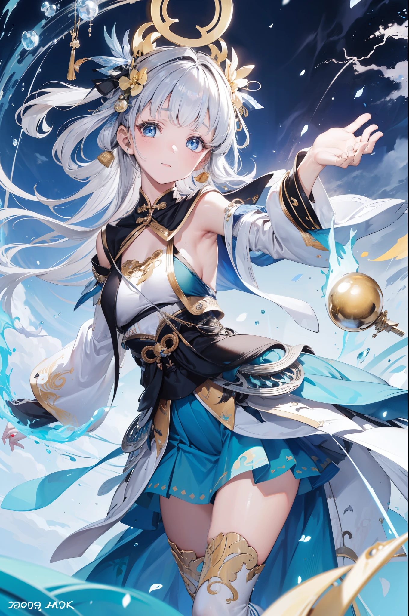 (  is the best quality ,4K,8K,  high resolution ,masterpiece:1.2),  extremely detailed , Mature Women ,,  magic  ,charm,joy, Holy Goddess ,  magic  al effect,Silver Hair,  blue eyes ，Thunder and lightning，Chinese fairy skirt，Skirt