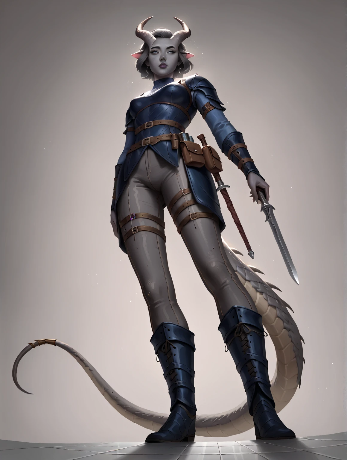  Big curved Cedar , (((1Thiefling with a thick long dragon tail))), (dark blue-grey skin body),  (30 years old) , (  small thick dark gray segmented straight horns   ,  girl ,  dark grey hair ,   small nose  , small lips, (( dark blue leather)), (easy ,   full-body grey leather armor ,  gray leather armor ), dark grey pants ), One,  full length, blue tones (( stands at 3/A 4-half-turn , (( Bottom view,  full-length Dutch angle )) ,  looks from behind with its back with its back))  ((book in hand)) .  Epic digital fantasy art style  ,  very detailed work , (Fantasy 4k art), anime art,   fine art  .