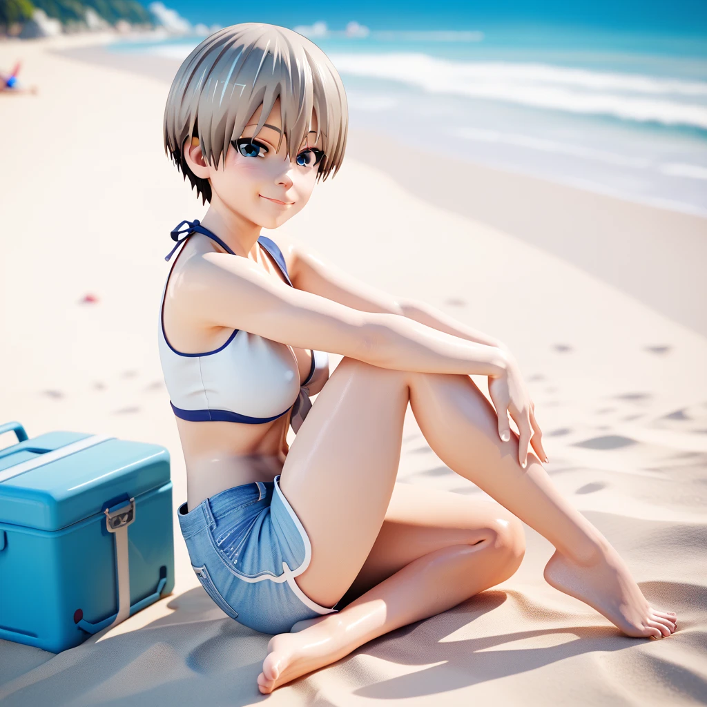 Full body, Hana uzaki, shorts, looking at viewer, on beach, 3d