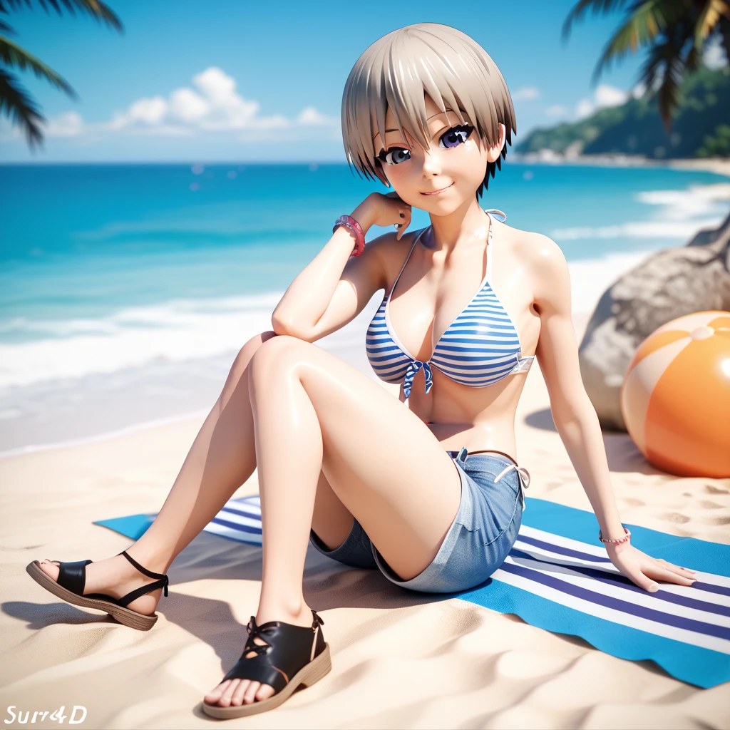 Full body, Hana uzaki, shorts, looking at viewer, on beach, 3d