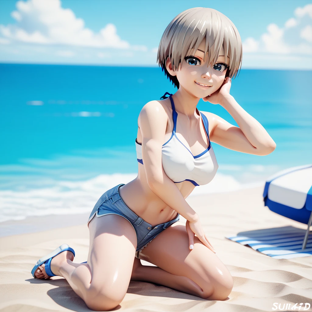 Full body, Hana uzaki, shorts, looking at viewer, on beach, 3d