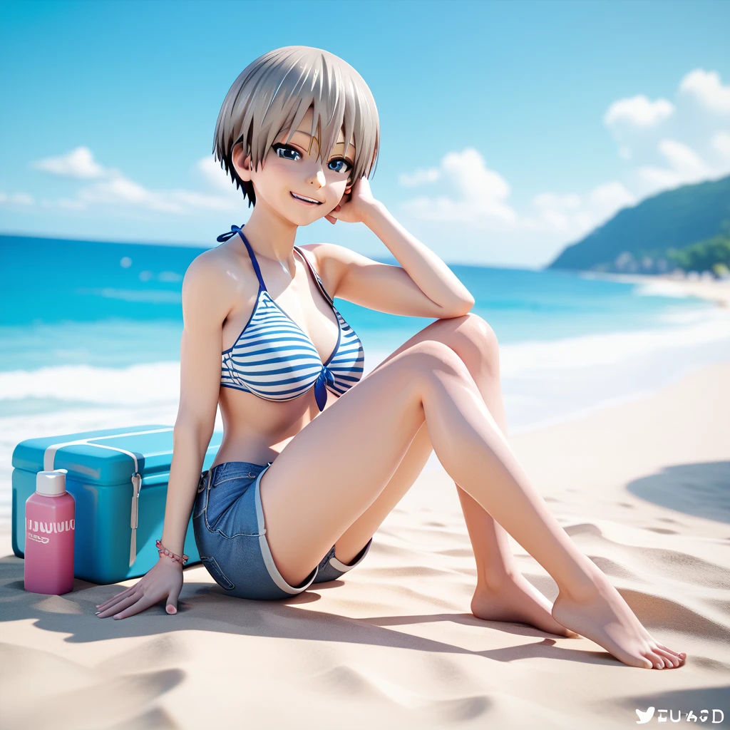 Full body, Hana uzaki, shorts, looking at viewer, on beach, 3d