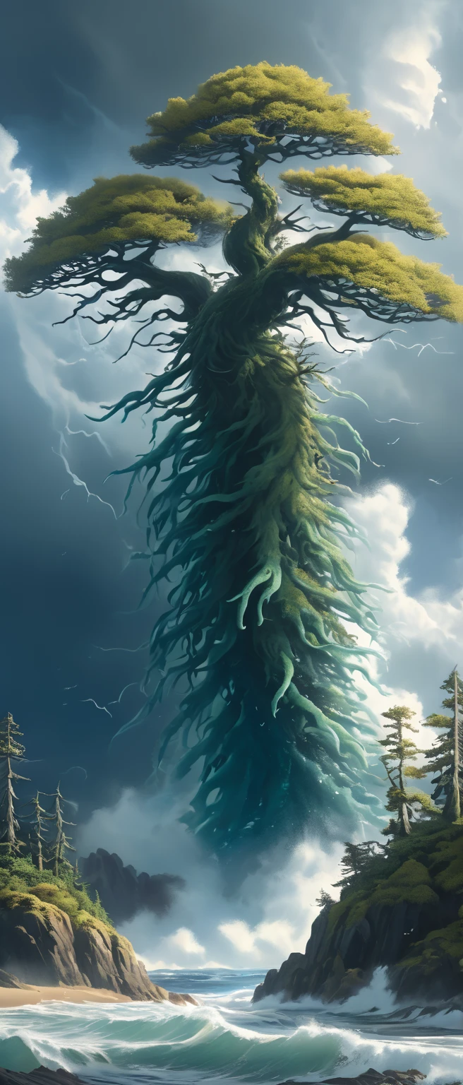  High mountain plateau ,  A sprawling cedar grows on the plateau.  A huge sea creature covered with scales and moss and trees on its back with fins on its head and an elongated fish face with long straight legs with many thin tentacles and 4 fins on its head and a thick tail covered with scales comes out of the water. Covered from above with moss and trees . lots of air , cliff, the waves of the sea are raging .  the sky before the thunderstorm ,  light through the clouds  . reflections on water .  The abyss of the Dark Sea , 4K, concept art, fantasy, blue tones, A highly detailed oil painting. high view from above .  The sky before the thunderstorm is gloomy . Dark tones, dark colors . ((high view from above  с высоты птичьего полёта))
