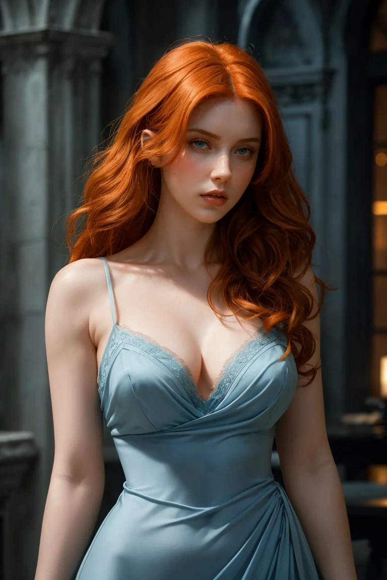 1girl in, age19, Solo, Aesthetic artwork,  redhead, wavy red hair, shoulder length red hair, (blue eyes:1.2), pale skin, 5' 3", (5foot 3inches),  DD-cup, colossal tits, full breasts, fit body, round hips, (textured skin, skin pores:1.1), (moles:0.8), imperfect skin, goosebumps, half smile, standing in a dark bedroom, candles, (facing camera: 1.1), (extremely detailed 8k wallpaper), back lighting, fill light, high quality, film grain, Fujifilm XT3 sharp focus, f 5.6, 50mm, High Detail, Sharp focus, (boudoir light), (low cut cocktail dress:1.25), black cocktail dress, cleavage, crazy details, complex details, hyperdetailed
