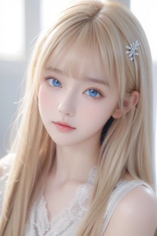 Beautiful, white and radiant skin、Blonde hair that changes color depending on the light、Long bangs between the eyes obstruct vision、Shiny highlights on the cheeks、 sexy and very beautiful lovely cute gorgeous face、 World's Most Beautiful Face 、 super long gorgeous spare blonde hair、 Smooth Straight Hair 、 Big Breasts , Huge,  bright ,  Light Blue Eyes 、Beautiful Bangs、 beautiful cute girls .Small Face Beauty、 cheek gloss highlights 