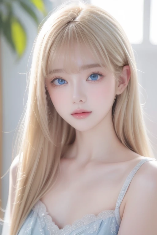 Beautiful, white and radiant skin、Blonde hair that changes color depending on the light、Long bangs between the eyes obstruct vision、Shiny highlights on the cheeks、 sexy and very beautiful lovely cute gorgeous face、 World's Most Beautiful Face 、 super long gorgeous spare blonde hair、 Smooth Straight Hair 、 Big Breasts , Huge,  bright ,  Light Blue Eyes 、Beautiful Bangs、 beautiful cute girls .Small Face Beauty、 cheek gloss highlights 