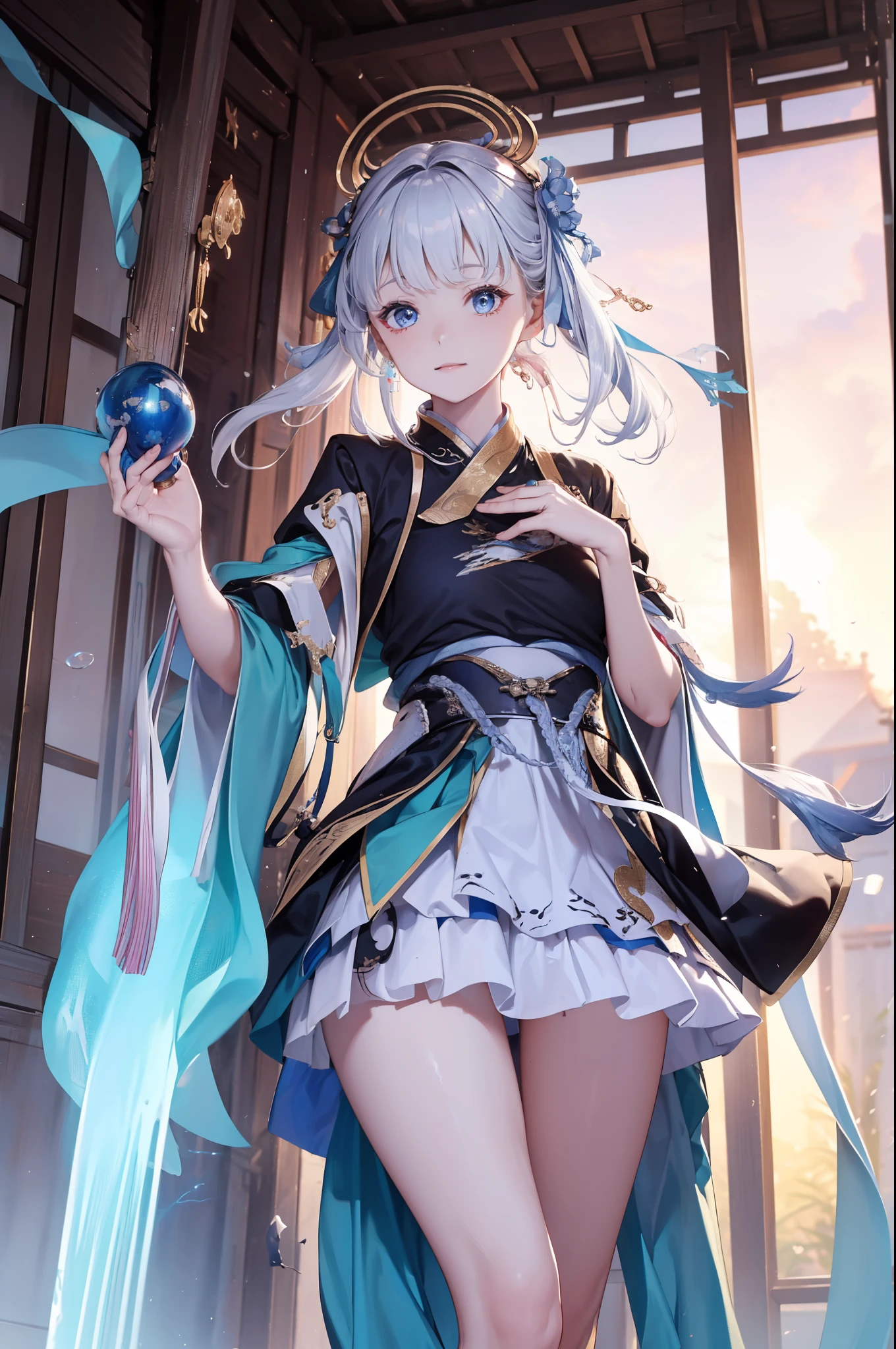 (  is the best quality ,4K,8k,  high resolution ,masterpiece:1.2),  extremely detailed , Mature Women ,,  magic  ,charm,joy, Holy Goddess ,  magic  al effect,Silver Hair,  blue eyes ，Thunder and lightning，Chinese fairy skirt，Skirt，pink hanfu