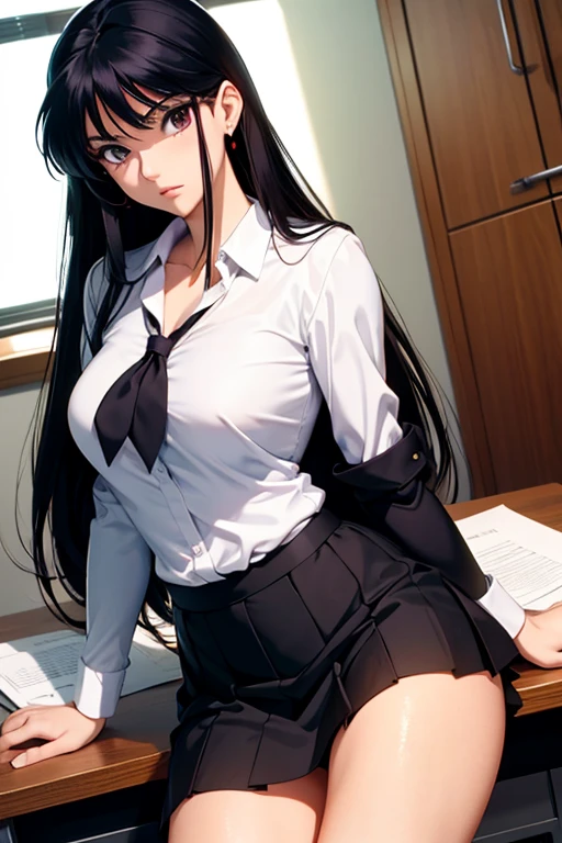 yui,(comic,monochrome, greyscale, uniform, )1girl, solo,(masterpiece,best quality),medium breasts,very long hair, miniskirt, looking at viewer ,<lora:takamura yui-4style:1>,purple eyes, brown hair, floating hair,depth of field, white hairband,takamura yui,
open clothes, from below, panty peek, pantyhose, black legwear, knee boots,blue necktie, military uniform, holding gun,
(HDR, UHD, 8K,best quality,masterpiece,Highly detailed,Studio lighting,ultra-fine painting,sharp focus,physically-based rendering,extreme detail description,Professional),
sitting, office chair, office lady, serious, bored, envy,pov, looking at viewer, head tilt,from below, zettai ryouiki,