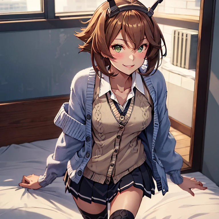 mutsu_kantaicollection brown_hair, short_hair, green_eyes, breasts, large_breasts, smile, headgear, blush, hair_between_eyes , 
(masterpiece,best quality,ultra detailed,hyper detailed,exquisite,beautiful:1.4),(art CG, 8K),1girl solo,KonishiCSA,full body, 
,blush,smile,(standing:1.4), (school uniform, cardigan:1.4),(bed:1.4),tights