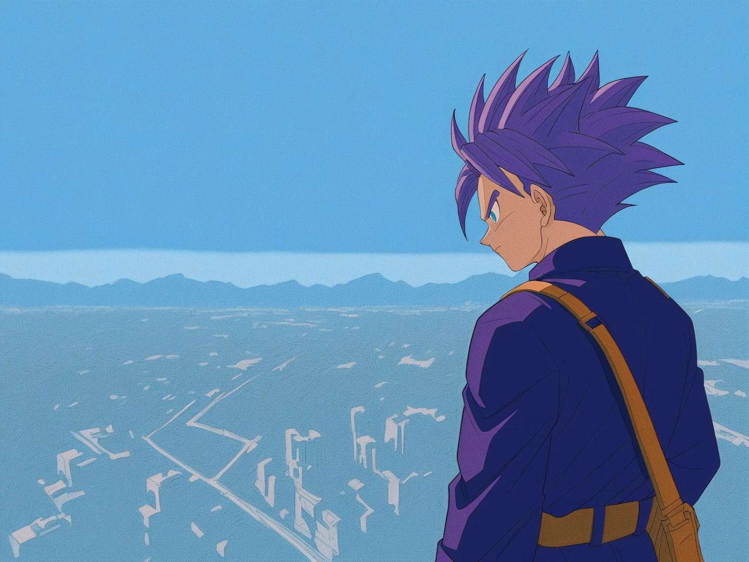 solo, 1boy\((trunsaya:1.0),future,Trunks, purple jacket, black muscle shirt underneath, black pants, sword on the back, blue eyes, black pupil, purple hair, yellow shoes with black tips,back view,full body\) standing on top of collapsed skyscraper, strong wind blowing,floating hair and jacket. BREAK .background\(Ravaged and rubble city\),(landscape:1.3),score_9, score_8_up, score_7_up, score_6_up, score_5_up, score_4_up, source_anime,source_furry,rating_safe,rating_questionable,masterpiece, best quality, perfect anatomy , very aesthetic , absurdres,