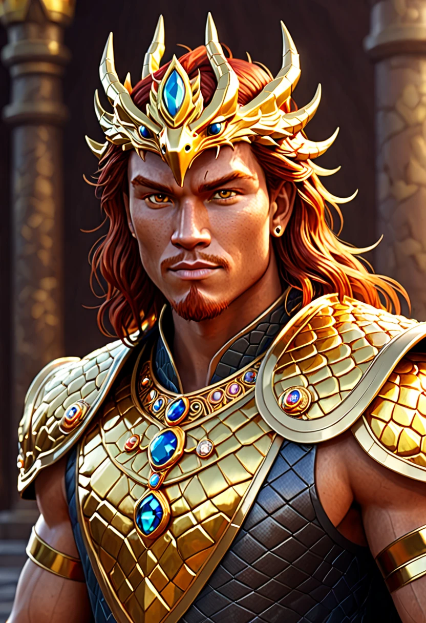 Create a Dragon King with these characteristics.

1st: 30-year-old man, young man. Square face, face similar to Rúrik Gíslason without a beard, (a perfect face: 1.3), red hair with bangs, ((yellow eyes, like a dragon 1.5)), pointy ear.
2nd: Strong body, extremely muscular, example John Cena, dark skin, with light scales on the body, except on the face, hand with 4 fingers.
3rd: ((King wearing a crown with 5 shiny stones)), wearing a cape, with an Egyptian necklace around his neck, shirtless, bracelets on his wrists, wearing black pants, holding a spear with a dragon emblem.
4th: He is sitting on a royal throne made of gold, ((golden dragon heads)).
3D production, with a dragon appearance with hexagonal scales.