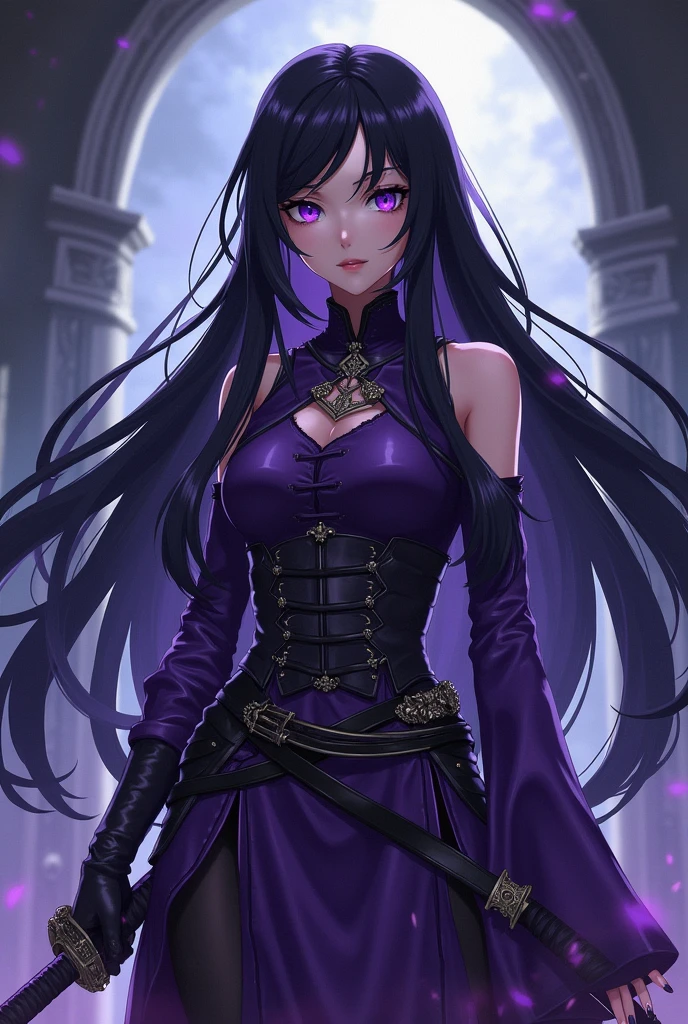 A girl with lazy really long black hair covering her right eye, sharp purple eyes, a muscularly lean body with strong forearms, wearing a black suit with a long black skirt, black thights, black gloves and violet jewelry and black chains, carrying a purple katana on her waist. Assassin in an urban city. 