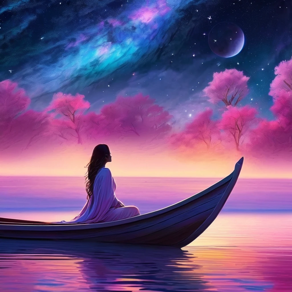 a woman dreaming in a beautiful galaxy,Soft and surreal colors,( top quality,4K, high definition :1.2), ultra detail, Impressionist Style ,Starry night sky, dreamy atmosphere drifting on the surface of the water,Gentle Moonlight,Cosmic Pattern, calm atmosphere ,Subtle Transitions ,Sublime Beauty, dreamy environment ,Quiet Peace,sleeping peacefully in her cozy bed,tranquil and otherworldly scenery,sublime celestial backdrop,Calm and graceful, Subconscious Travels , Space Inspiration ,Vivid and Enchanting Colors ,dreamlike abstraction, Magical and Captivating Visions,Deep amazement and awe,Lucid Dream,galactic dreamscape, Relaxed and Introspective Experiences ,luminous stars shining brightly,blissful state of mind,soothing and calming environment,Cosmic Whispers,, mysterious and fascinating,just drifting away.