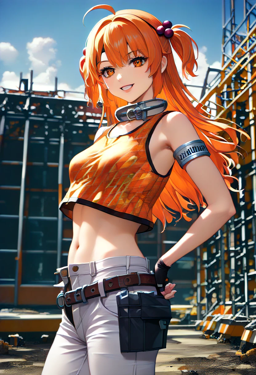 (Masterpiece, Ultra-high resolution, 8k, High Quality, Top quality, High-Detailed, Detailed CG, Cinematic Shadow:0.5, Beautiful Detailed Eyes, Ultra Resolution, Depth of Field, High Resolution, Masterpiece: 1.2), (Anime Art style), (cowboy shot), (Construction site:1.6), 1girl, solo, koleda, orange eyes, eyepatch, orange hair, ahoge, long hair, two-side up, low twintails, black bobbles, hair bobbles, fake animal ears, metal collar, crop top, sleeveless, flame print, asymmetrical gloves, fingerless gloves, jumpsuit around waist, loose belt, belt pouch, white pants, metal armbands, single elbow glove, small breasts, beautiful breasts, smile, dynamic angle, face focus, hands on own hips, from side, 