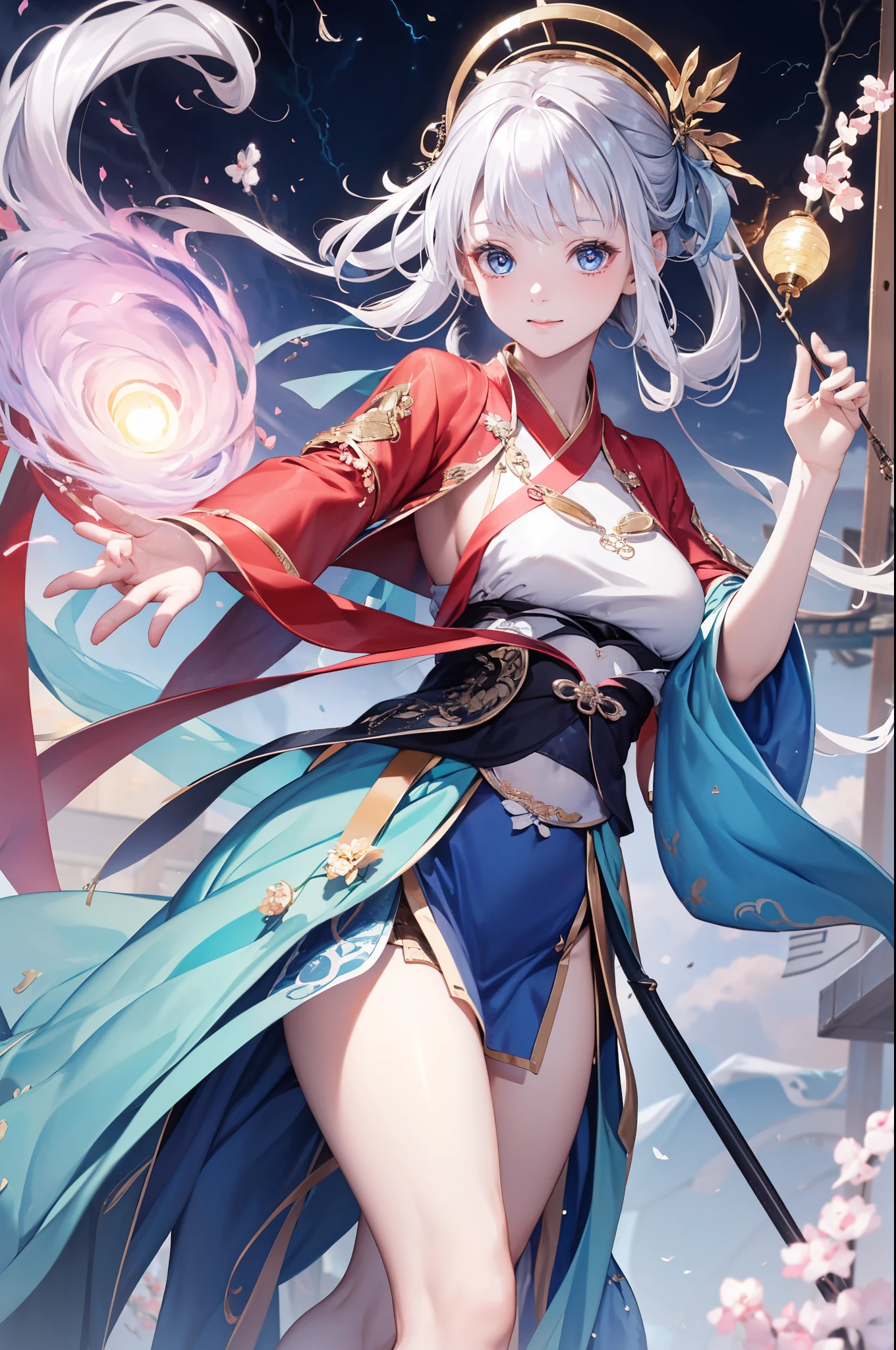 (  is the best quality ,4K,8k,  high resolution ,masterpiece:1.2),  extremely detailed , Mature Women ,,  magic  ,charm,joy, Holy Goddess ,  magic  al effect,Silver Hair,  blue eyes ，Thunder and lightning，Chinese fairy skirt，pink hanfu