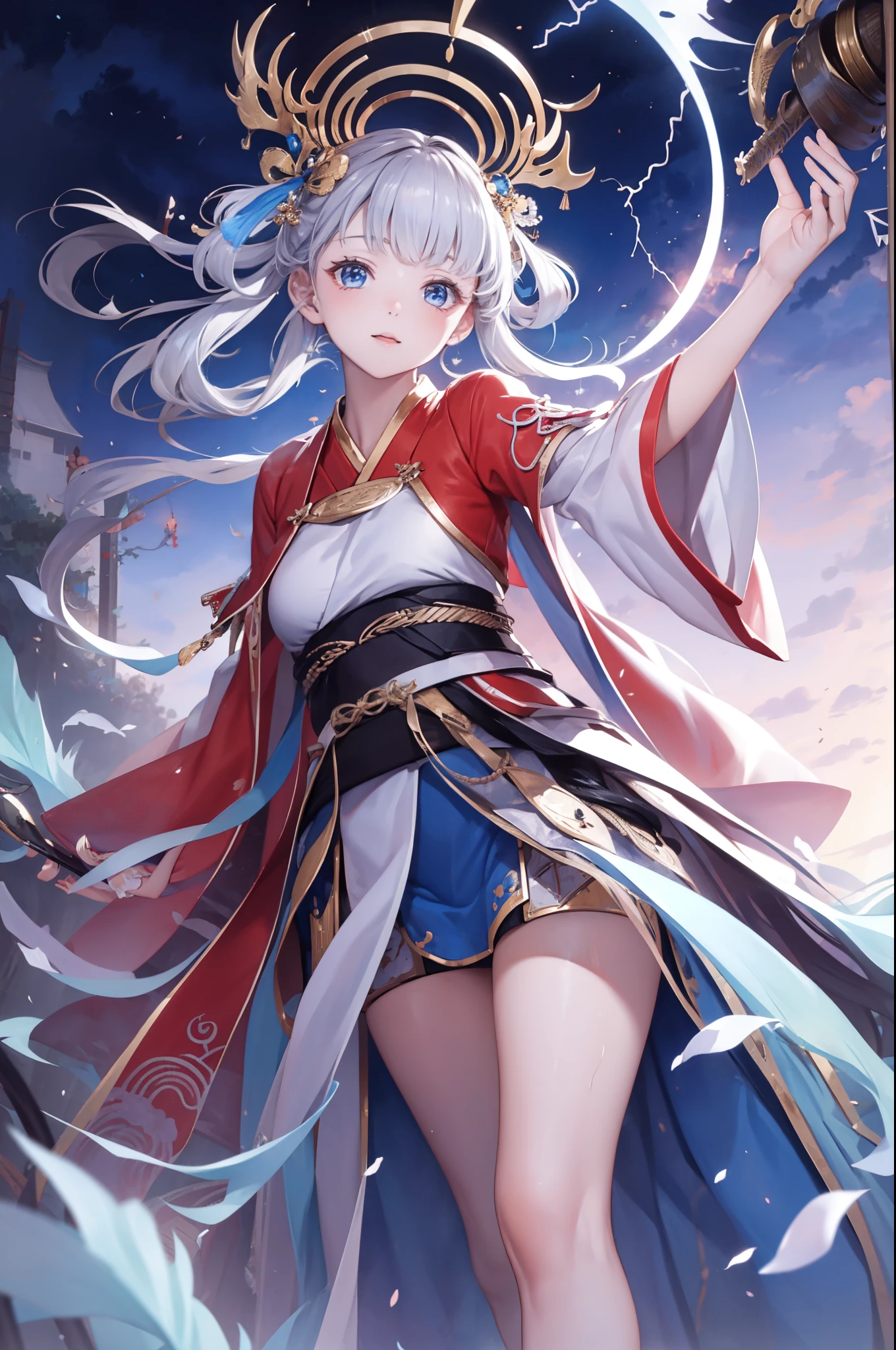 (  is the best quality ,4K,8k,  high resolution ,masterpiece:1.2),  extremely detailed , Mature Women ,,  magic  ,charm,joy, Holy Goddess ,  magic  al effect,Silver Hair,  blue eyes ，Thunder and lightning，Chinese fairy skirt，pink hanfu